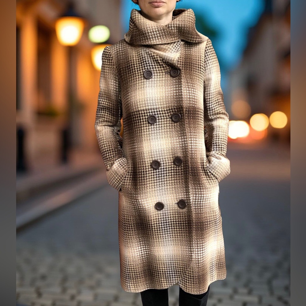 Vintage Brown Cream Tan Houndstooth Ombré Funnel Neck Midi Double Breasted Coat